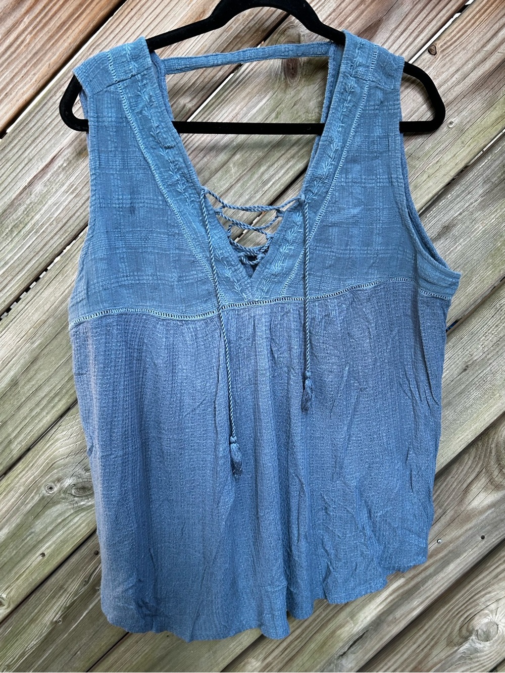 Lucky Brand Women’s Plus Blue Sleeveless Lace-Up tassel Peasant Knit Top size 1X